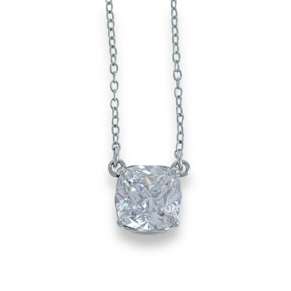Elle "Signature" Rhodium Plated Sterling 8mm Cushion Cut Cubic Zirconia Necklace - Picture 1 of 6